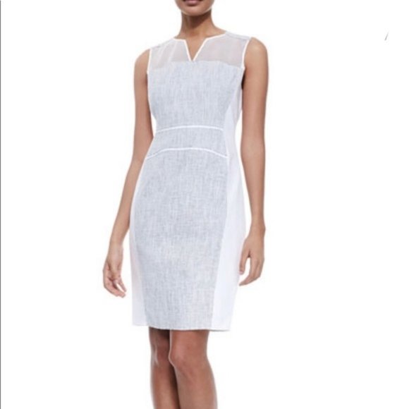 Elie Tahari 'Anya' White and Gray Tweed Panel Sleeveless Sheath Dress Sz…